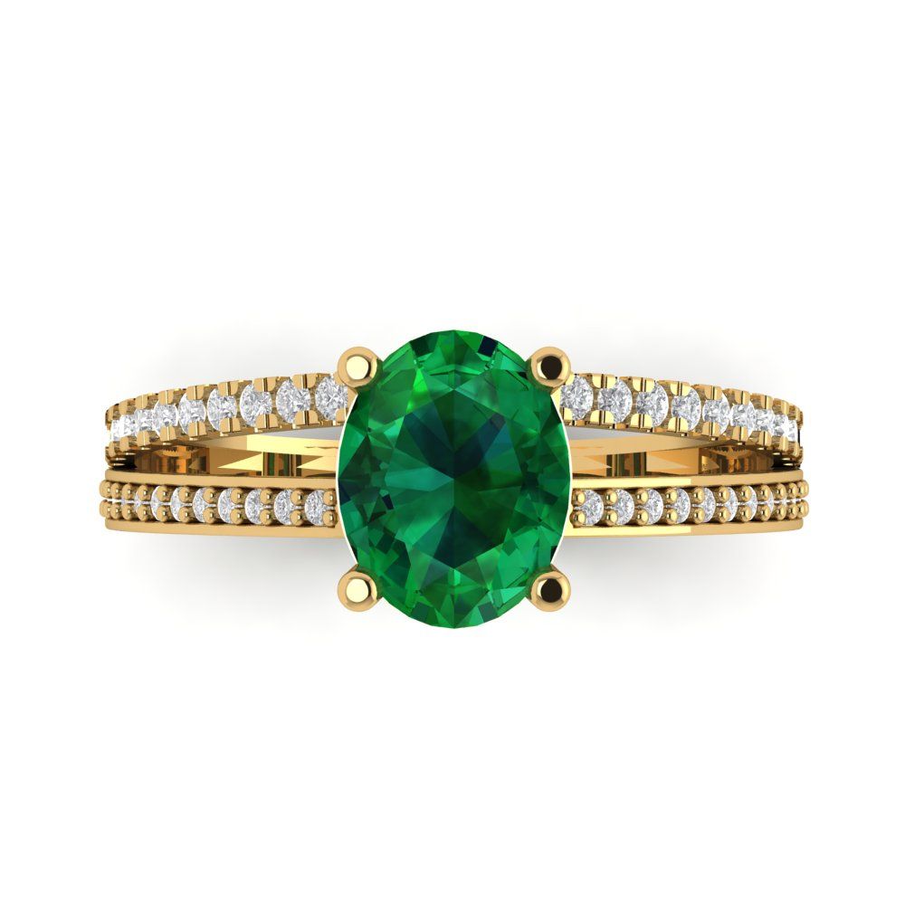 2.32 cttw Simulated Emerald Solitaire with Zirconia Simulated Diamond Accents Engagement Ring - Solid Yellow Gold (VVS1, Oval Cut,9X7mm)