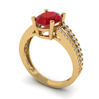 2.32 cttw Simulated Ruby Solitaire with Zirconia Simulated Diamond Accents Engagement Ring - Solid Gold (Oval Cut,9X7mm)