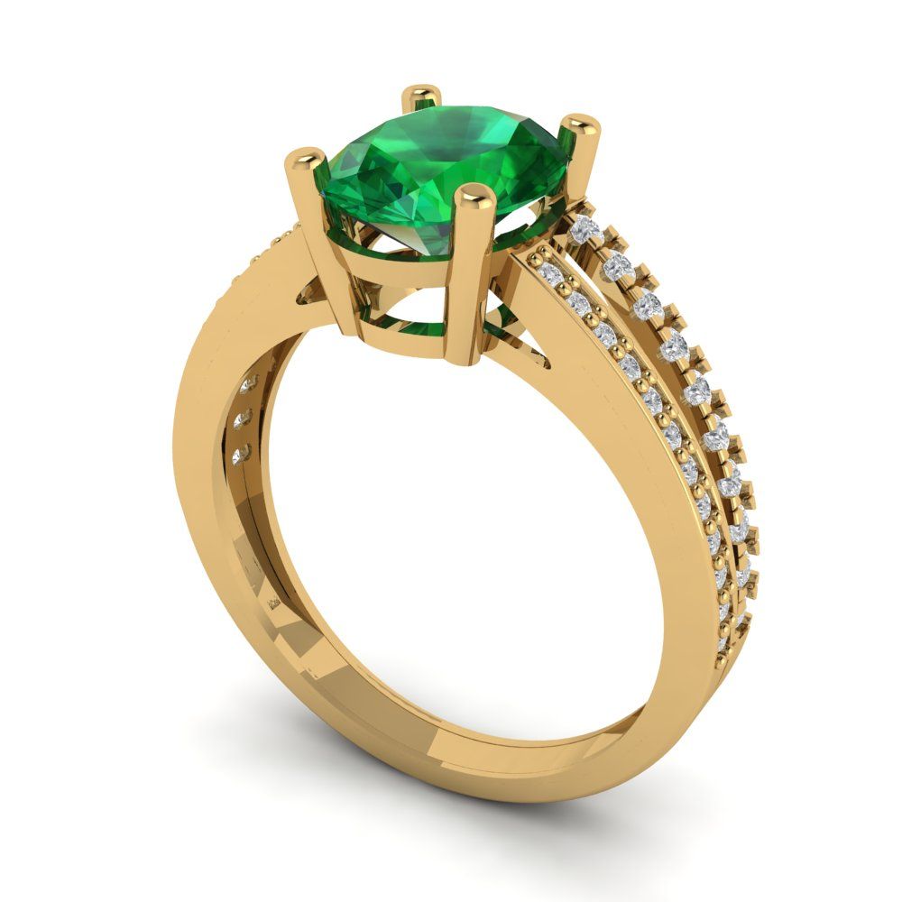 2.32 cttw Simulated Emerald Solitaire with Zirconia Simulated Diamond Accents Engagement Ring - Solid Yellow Gold (VVS1, Oval Cut,9X7mm)