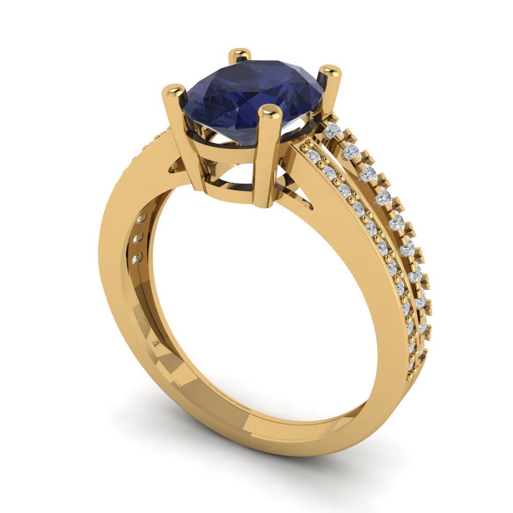 2.32 cttw Simulated Blue Sapphire Solitaire with Zirconia Simulated Diamond Accents Engagement Ring - Solid Gold (Oval Cut,9X7mm)