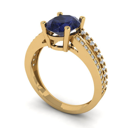2.32 cttw Simulated Blue Sapphire Solitaire with Zirconia Simulated Diamond Accents Engagement Ring - Solid Gold (Oval Cut,9X7mm)