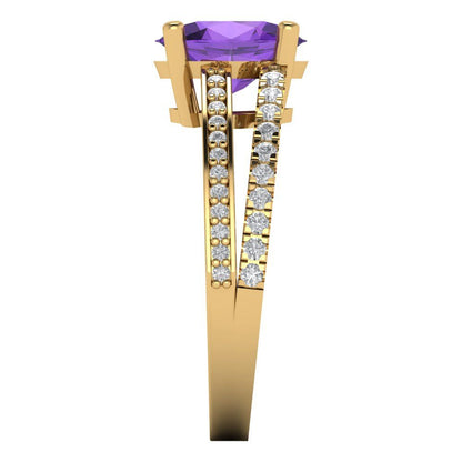2.32 cttw Natural Amethyst Solitaire with Zirconia Simulated Diamond Accents Engagement Ring - Solid Gold (Oval Cut,9X7mm)