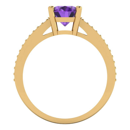 2.32 cttw Natural Amethyst Solitaire with Zirconia Simulated Diamond Accents Engagement Ring - Solid Gold (Oval Cut,9X7mm)