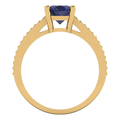 2.32 cttw Simulated Blue Sapphire Solitaire with Zirconia Simulated Diamond Accents Engagement Ring - Solid Gold (Oval Cut,9X7mm)