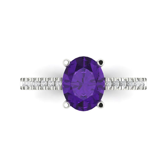 2.21 cttw Natural Amethyst Solitaire with Zirconia Simulated Diamond Accents Engagement Ring - Solid White Gold (VVS1, Oval Cut,9X7mm)