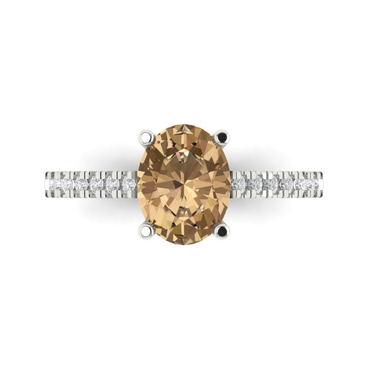 2.21 cttw Zirconia Simulated Champagne Diamond Solitaire with Zirconia Simulated Diamond Accents Engagement Ring - Solid White Gold (VVS1, Oval Cut,9X7mm)