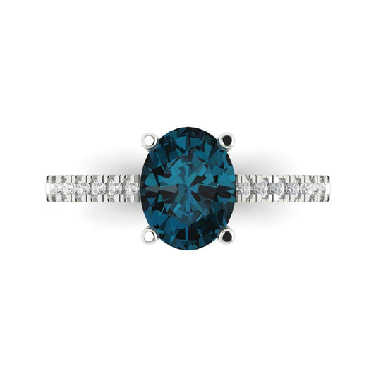 2.21 cttw Natural London Blue Topaz Solitaire with Zirconia Simulated Diamond Accents Engagement Ring - Solid White Gold (VVS1, Oval Cut,9X7mm)