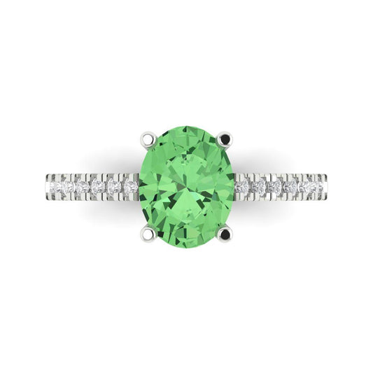 2.21 cttw Zirconia Simulated Green Diamond Solitaire with Zirconia Simulated Diamond Accents Engagement Ring - Solid White Gold (VVS1, Oval Cut,9X7mm)