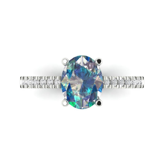 2.21 cttw Blue Moissanite Solitaire with Zirconia Simulated Diamond Accents Engagement Ring - Solid White Gold (VVS1, Oval Cut,9X7mm)