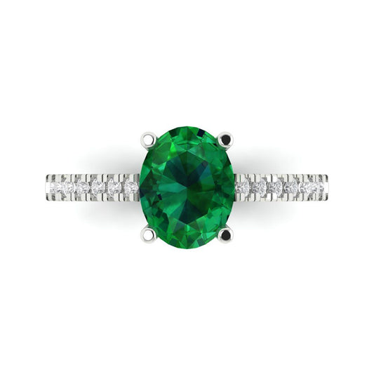 2.21 cttw Simulated Emerald Solitaire with Zirconia Simulated Diamond Accents Engagement Ring - Solid White Gold (VVS1, Oval Cut,9X7mm)
