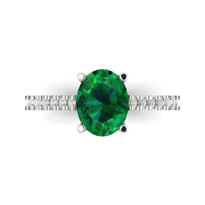 2.21 ct Brilliant Oval Cut Simulated Emerald Stone White Gold Solitaire with Accents Ring