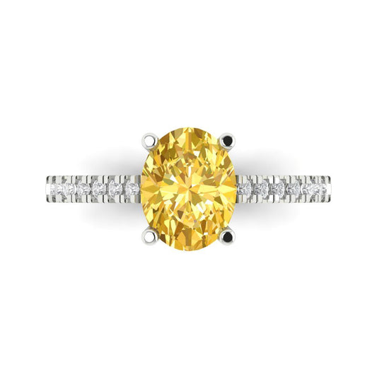 2.21 cttw Zirconia Simulated Yellow Diamond Solitaire with Zirconia Simulated Diamond Accents Engagement Ring - Solid White Gold (VVS1, Oval Cut,9X7mm)