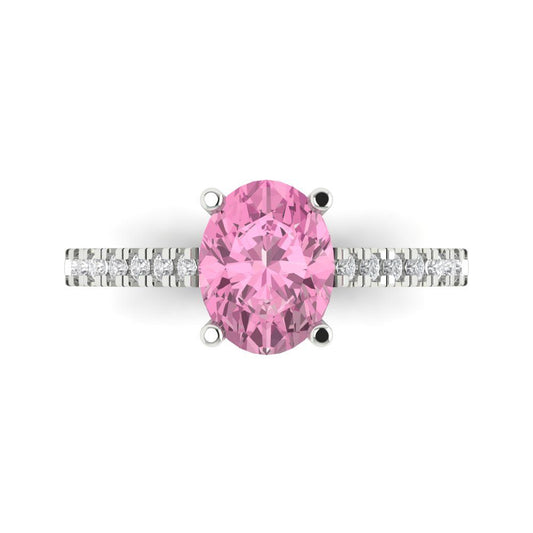 2.21 cttw Zirconia Simulated Pink Diamond Solitaire with Zirconia Simulated Diamond Accents Engagement Ring - Solid White Gold (VVS1, Oval Cut,9X7mm)