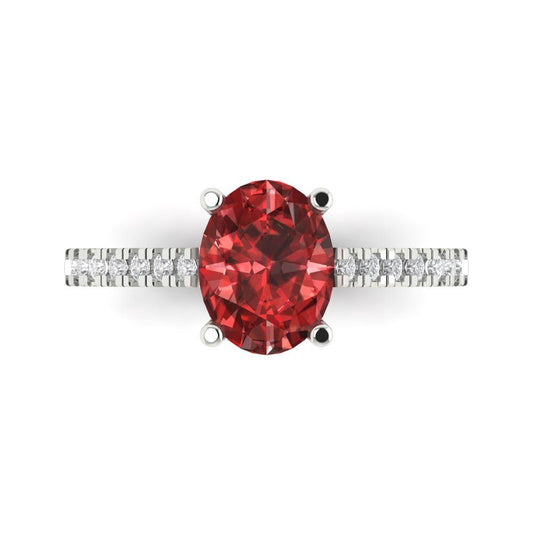 2.21 cttw Natural Garnet Solitaire with Zirconia Simulated Diamond Accents Engagement Ring - Solid White Gold (VVS1, Oval Cut,9X7mm)