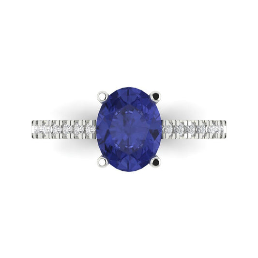 2.21 cttw Simulated Tanzanite Solitaire with Zirconia Simulated Diamond Accents Engagement Ring - Solid White Gold (VVS1, Oval Cut,9X7mm)