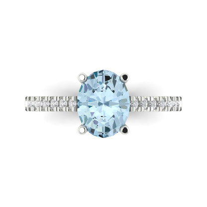 2.21 cttw Natural Sky Blue Topaz Solitaire with Zirconia Simulated Diamond Accents Engagement Ring - Solid Gold (Oval Cut,9X7mm)