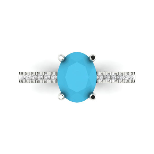 2.21 cttw Simulated Turquoise Solitaire with Zirconia Simulated Diamond Accents Engagement Ring - Solid White Gold (VVS1, Oval Cut,9X7mm)