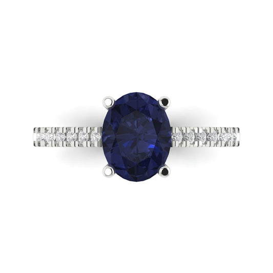 2.21 cttw Simulated Blue Sapphire Solitaire with Zirconia Simulated Diamond Accents Engagement Ring - Solid White Gold (VVS1, Oval Cut,9X7mm)