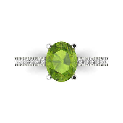 2.21 cttw Natural Peridot Solitaire with Zirconia Simulated Diamond Accents Engagement Ring - Solid Gold (Oval Cut,9X7mm)