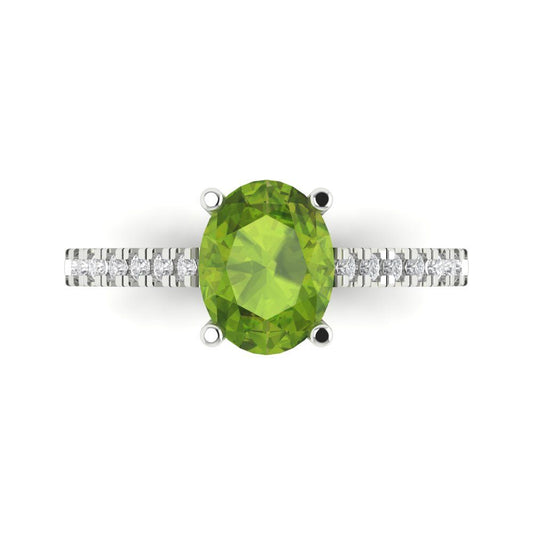 2.21 cttw Natural Peridot Solitaire with Zirconia Simulated Diamond Accents Engagement Ring - Solid White Gold (VVS1, Oval Cut,9X7mm)