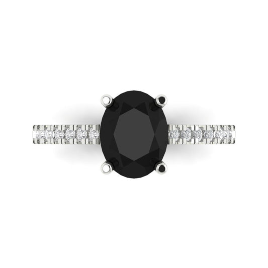 2.21 cttw Natural Onyx Solitaire with Zirconia Simulated Diamond Accents Engagement Ring - Solid White Gold (VVS1, Oval Cut,9X7mm)