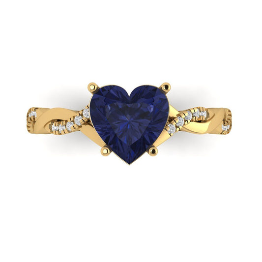 2.1 cttw Simulated Blue Sapphire Solitaire with Zirconia Simulated Diamond Accents Engagement Ring - Solid Yellow Gold (VVS1, Heart Cut,8mm)