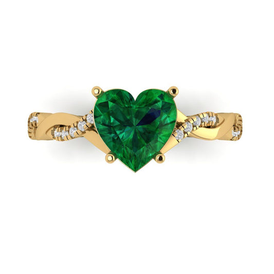 2.1 cttw Simulated Emerald Solitaire with Zirconia Simulated Diamond Accents Engagement Ring - Solid Yellow Gold (VVS1, Heart Cut,8mm)
