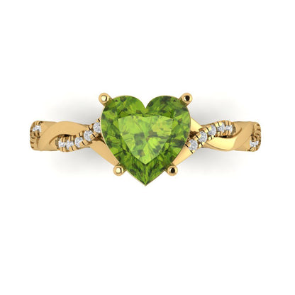 2.1 cttw Natural Peridot Solitaire with Zirconia Simulated Diamond Accents Engagement Ring - Solid Gold (Heart Cut,8mm)