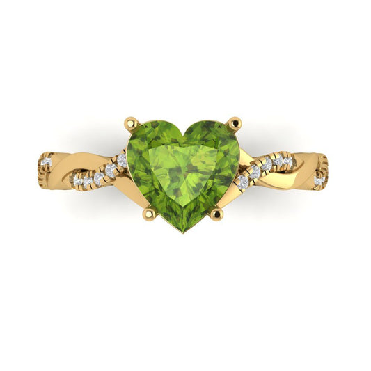 2.1 cttw Natural Peridot Solitaire with Zirconia Simulated Diamond Accents Engagement Ring - Solid Yellow Gold (VVS1, Heart Cut,8mm)