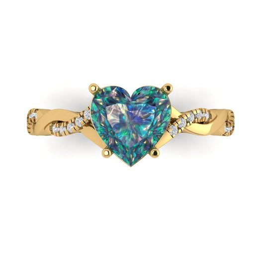 2.1 cttw Blue Moissanite Solitaire with Zirconia Simulated Diamond Accents Engagement Ring - Solid Yellow Gold (VVS1, Heart Cut,8mm)
