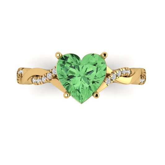 2.1 cttw Zirconia Simulated Green Diamond Solitaire with Zirconia Simulated Diamond Accents Engagement Ring - Solid Yellow Gold (VVS1, Heart Cut,8mm)
