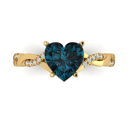 2.1 cttw Natural London Blue Topaz Solitaire with Zirconia Simulated Diamond Accents Engagement Ring - Solid Yellow Gold (VVS1, Heart Cut,8mm)