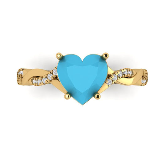 2.1 cttw Simulated Turquoise Solitaire with Zirconia Simulated Diamond Accents Engagement Ring - Solid Yellow Gold (VVS1, Heart Cut,8mm)