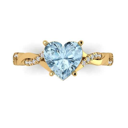 2.1 cttw Natural Aquamarine Solitaire with Zirconia Simulated Diamond Accents Engagement Ring - Solid Yellow Gold (VVS1, Heart Cut,8mm)