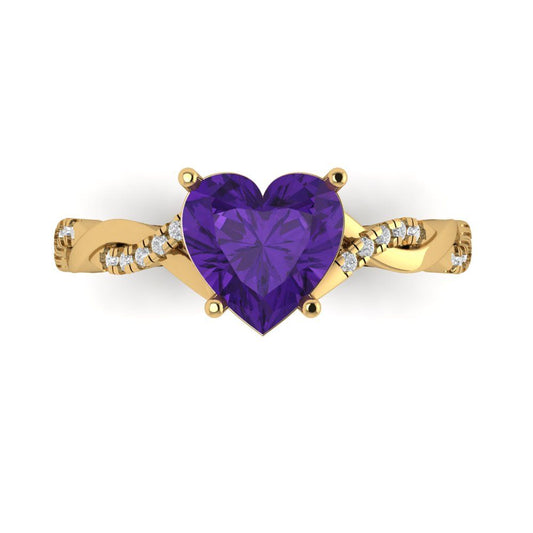 2.1 cttw Natural Amethyst Solitaire with Zirconia Simulated Diamond Accents Engagement Ring - Solid Yellow Gold (VVS1, Heart Cut,8mm)