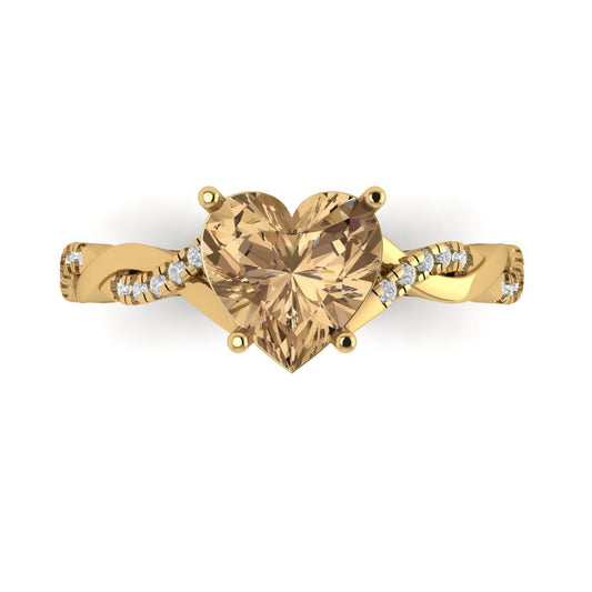 2.1 cttw Zirconia Simulated Champagne Diamond Solitaire with Zirconia Simulated Diamond Accents Engagement Ring - Solid Yellow Gold (VVS1, Heart Cut,8mm)