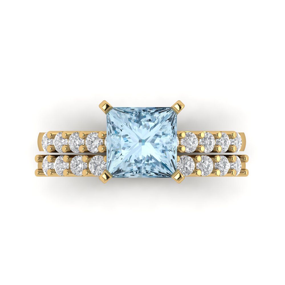 2.63 cttw Princess Cut Simulated Blue Diamond Bridal Set - Solid Yellow Gold Engagement Ring & Wedding Band