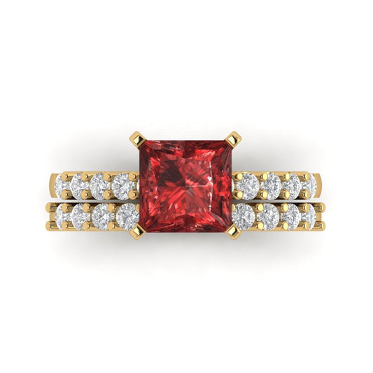 2.63 cttw Princess Cut Natural Garnet Bridal Set - Solid Yellow Gold Engagement Ring & Wedding Band