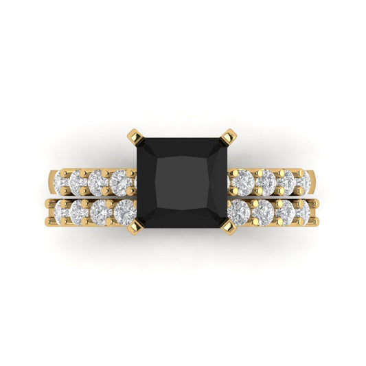 2.63 cttw Princess Cut Natural Onyx Bridal Set - Solid Yellow Gold Engagement Ring & Wedding Band