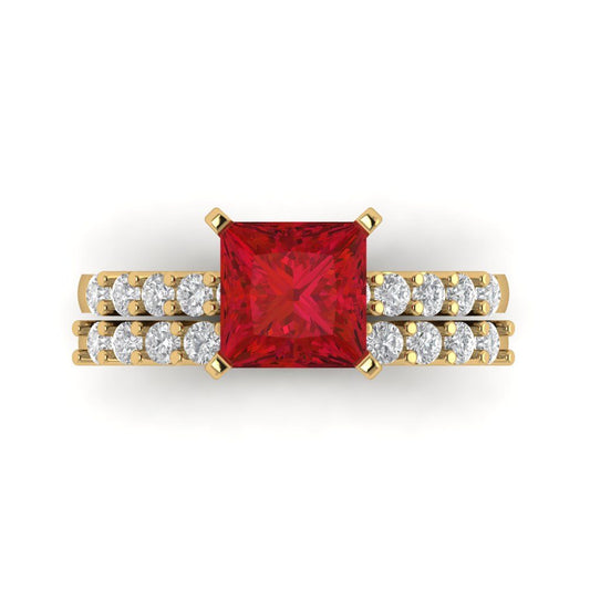 2.63 cttw Princess Cut Simulated Ruby Bridal Set - Solid Yellow Gold Engagement Ring & Wedding Band