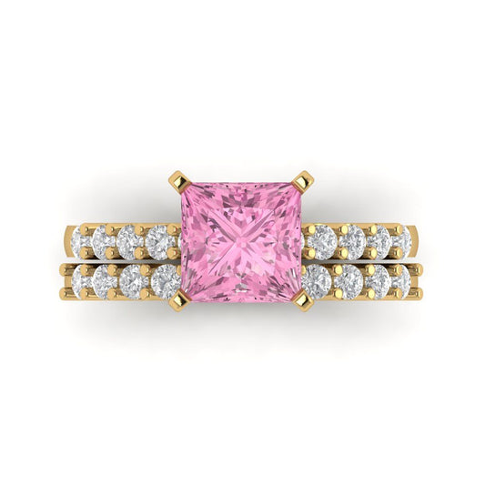 2.63 cttw Princess Cut Simulated Pink Diamond Bridal Set - Solid Yellow Gold Engagement Ring & Wedding Band