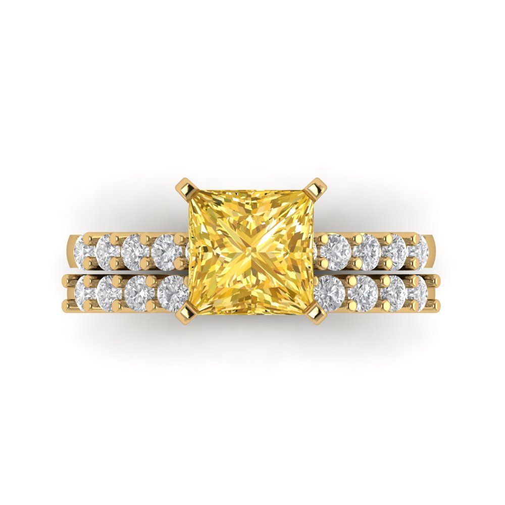 2.63 cttw Princess Cut Simulated Yellow Diamond Bridal Set - Solid Yellow Gold Engagement Ring & Wedding Band