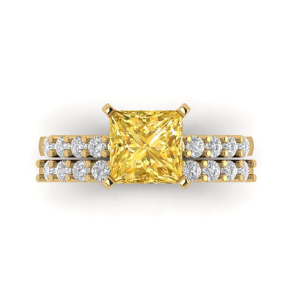 2.63 cttw Princess Cut Simulated Yellow Diamond Bridal Set - Solid Yellow Gold Engagement Ring & Wedding Band