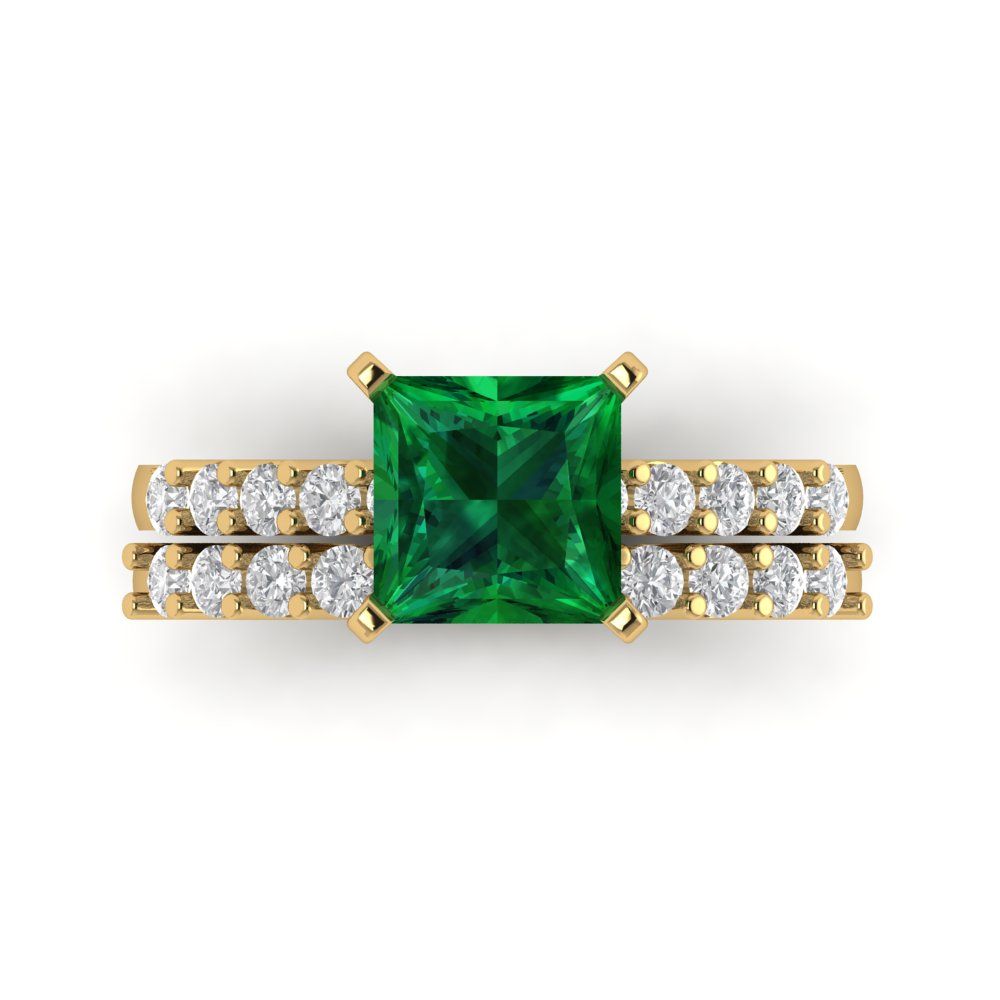 2.63 cttw Princess Cut Simulated Emerald Bridal Set - Solid Yellow Gold Engagement Ring & Wedding Band