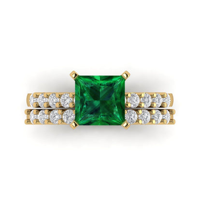 2.63 cttw Princess Cut Simulated Emerald Bridal Set - Solid Yellow Gold Engagement Ring & Wedding Band