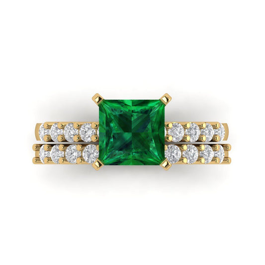 2.63 cttw Princess Cut Simulated Emerald Bridal Set - Solid Yellow Gold Engagement Ring & Wedding Band