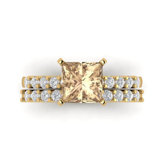 2.63 cttw Princess Cut Yellow Moissanite Bridal Set - Solid Yellow Gold Engagement Ring & Wedding Band