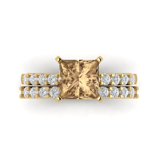 2.63 cttw Princess Cut Simulated Champagne Diamond Bridal Set - Solid Yellow Gold Engagement Ring & Wedding Band