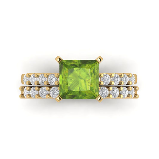 2.63 cttw Princess Cut Natural Peridot Bridal Set - Solid Yellow Gold Engagement Ring & Wedding Band
