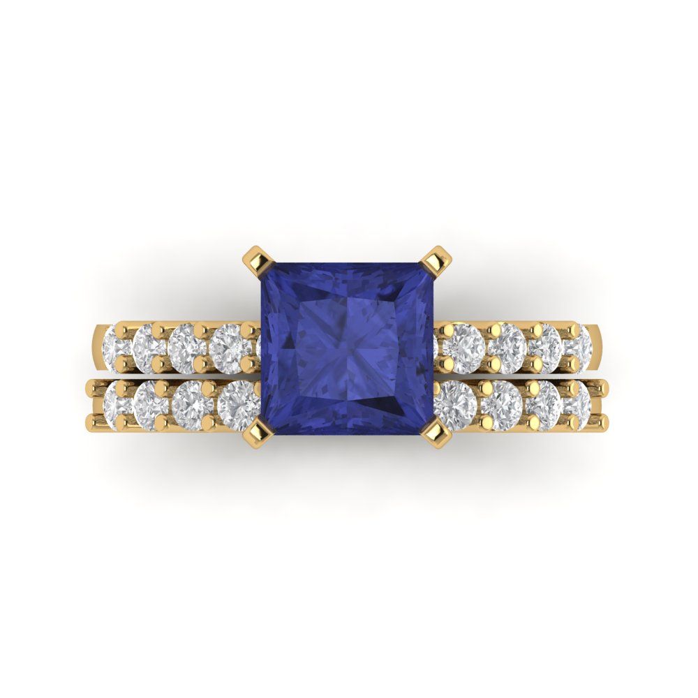 2.63 cttw Princess Cut Simulated Tanzanite Bridal Set - Solid Yellow Gold Engagement Ring & Wedding Band